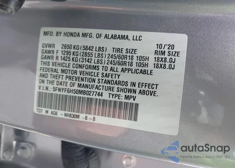 2021 Honda Pilot Awd Ex-L z USA, uszkodzony, nr VIN 5FNYF6H50MB027744